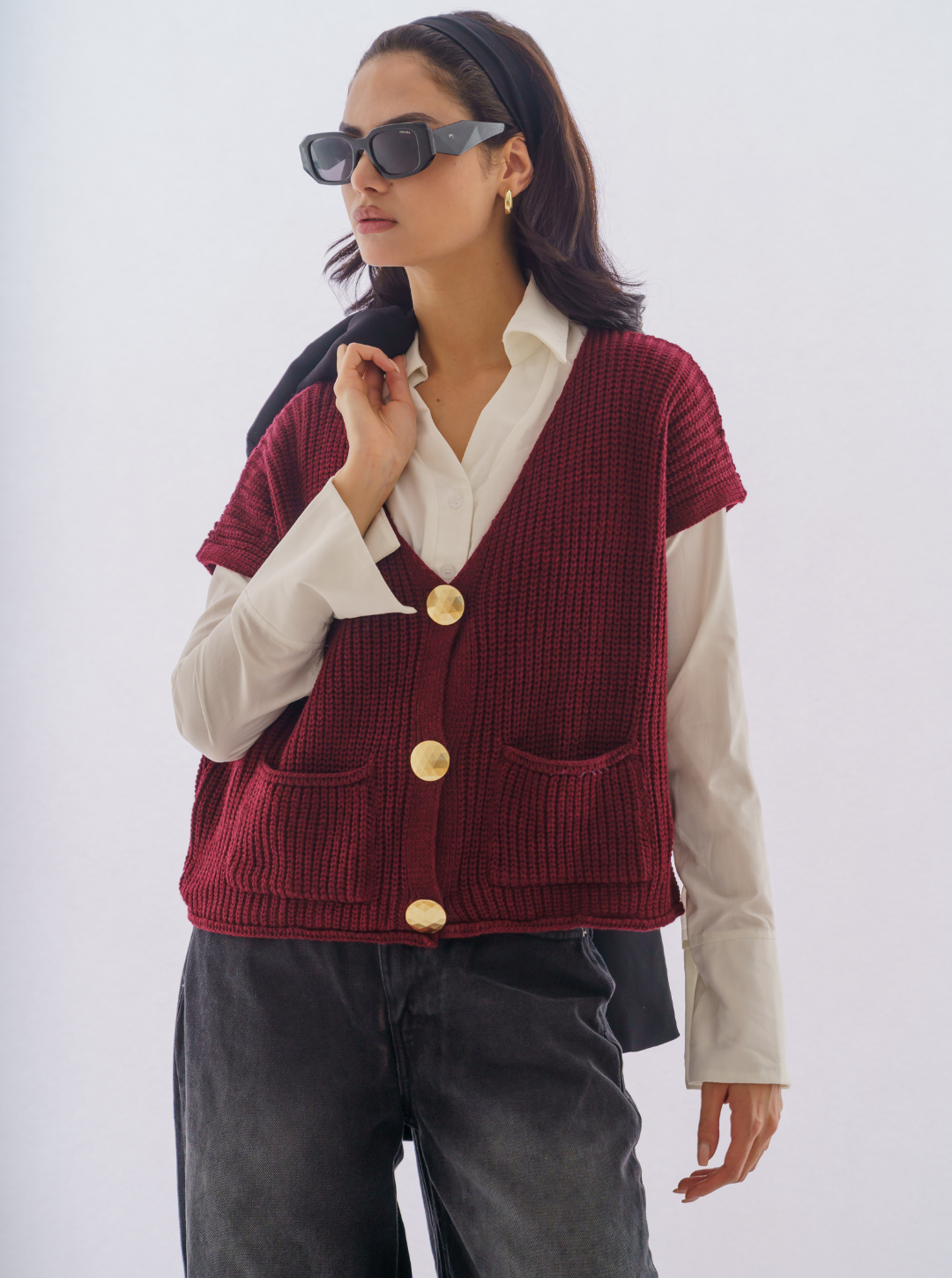 Cardigan Sans Manches Bouton Doré